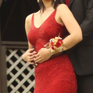 Scala Red Fully Beaded Open Back Prom Dress